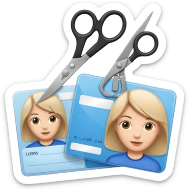 Scissors cutting ID card in 2 parts. Realistic sticker