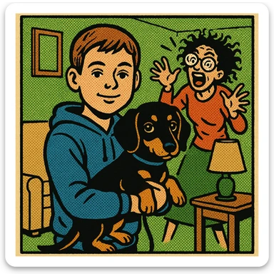 A modern day 10 year old wearing a blue hoodie with a black and tan puppy dachshund in a green living room with a crazy mum wearing big glasses in the background sticker