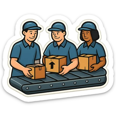 Картинка конвейерной ленты, по ней едут коробки, люди сортируют коробки в разные стороны, не обрезай края обводки sticker