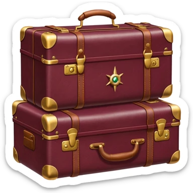 burgundy travel suitcase with multi-colored stamps on it and a gold compass sticker