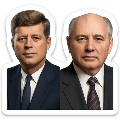 realistic icon of John F. Kennedy and Mikhail Gorbachev side by side, clean and focused sticker