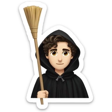 Timothy chalamet dressed in a black cloak a broom sticker