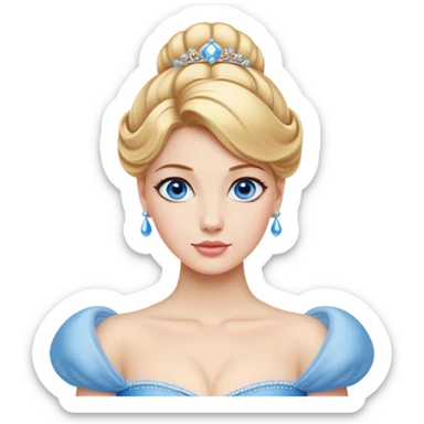 Cinematic Realistic Noble Cinderella Portrait, depicted with porcelain skin rendered in lifelike detail and soft, natural lighting that highlights every delicate nuance. Her intricately styled golden-blonde hair is arranged in an elegant updo, and her deep, expressive blue eyes radiate quiet determination. She wears her classic ball gown with rich fabric textures and delicate folds catching the light beautifully, all set against a subtly glowing, natural background that captures the essence of timeless royal grace. sticker