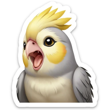 Cinematic Cute Yawning Cockatiel Portrait Emoji, Head tilted slightly with a dramatic, wide-open yawn, showcasing a soft grey fur with subtle yellow accents and gently drooping crest feathers, round dark eyes barely open in drowsy contentment, Simplified yet irresistibly adorable features, highly detailed, glowing with a soft, cozy glow, high shine, relaxed yet expressive, stylized with a touch of whimsy, bright and endearing, soft glowing outline, capturing the essence of a sleepy yet affectionate cockatiel, so drowsy it feels like it could stretch out of the screen and curl up for a nap! sticker