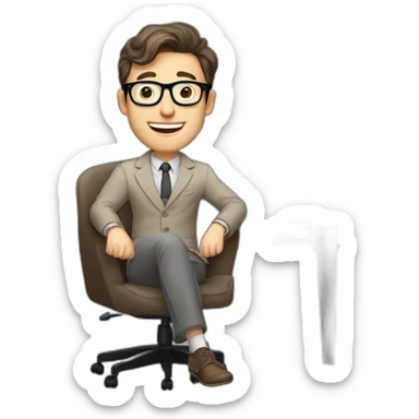 Joyful Pale skinned Fit Man With dark brown hair in gray jacket, beige office shirt, Brown pants and vintage glasses sitting In a soft chair. His thrumbs up sticker