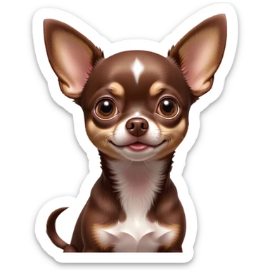 Cinematic Cute Chocolate Short Haired Chihuahua Portrait Emoji, Head tilted playfully and inquisitively, smooth chocolate fur with a lustrous sheen, round, sparkling dark eyes filled with curiosity, Simplified yet irresistibly adorable features, highly detailed, glowing with a warm, friendly glow, high shine, affectionate and lively, stylized with a touch of whimsy, bright and endearing, soft glowing outline, capturing the essence of a mischievous yet loving pup, so playful it feels like it could bound out of the screen and into your arms! sticker