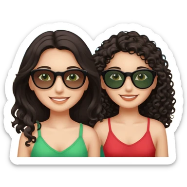 Two besties on the beach, black sunglasses, 1: long ironed straight darkbrown hair, green eyes, 2: long curly darkbrown hair, brown eyes  sticker