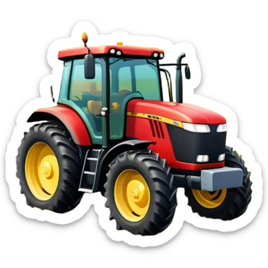 An icon representing a Farming Simulator 22, with a detailed tractor, plowing fields under a bright sky with a colorful rural landscape. The design includes farming tools, crops and barns, symbolizing the immersive experience of managing a farm. Transparent background. sticker