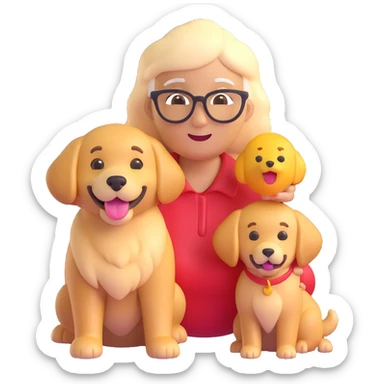 Combine the grandmother emoji and the golden retriever emoji together in one image, keeping both exactly as they are in their original 3D emoji style with a transparent background. sticker