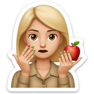 emoji face inspecting its fingernails with annoyed expression, focus on nails, apple emoji style sticker