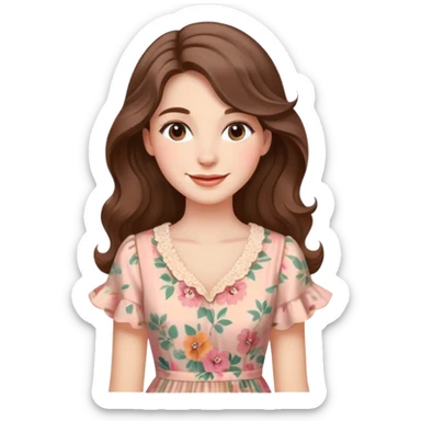 A close-up portrait of an elegant woman with long, wavy brown hair and soft makeup. She has a serene smile and is wearing a vintage floral dress, with a soft, pastel-colored background. sticker