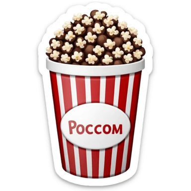 Chocolate popcorn in a paper jar with red and white vertical lines sticker