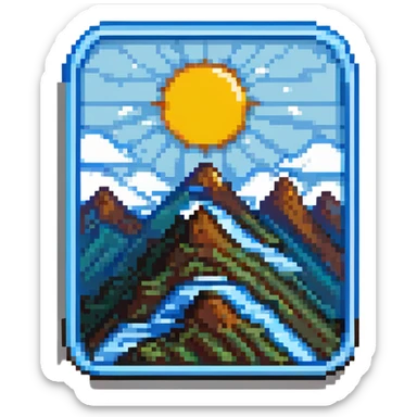 A pixel art icon with a blue rectangle, rounded corners, white sub-rectangle with black border, black mountains, sun, and four blue stripes. sticker