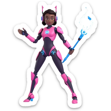 sleek, shiny emoji style: slim black female robot, confident pose, small ear pieces, holding a blue lightning whip, pink hex pattern on thighs and biceps, rest of body glossy black sticker