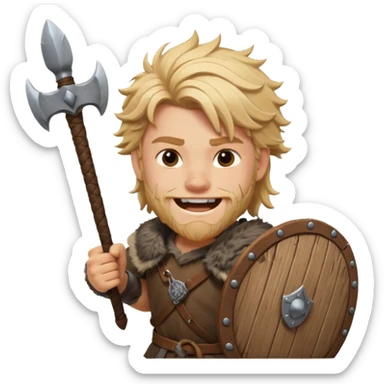 A young Viking warrior with messy blond hair, wooden shield, and fierce excited grin.
 sticker