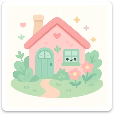 a pink cottage in a lush garden, cottagecore style, soft pastel colors, whimsical details sticker
