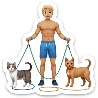 man standing on resistance band  with cat plus dog sticker