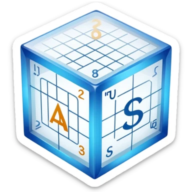 An icon featuring a transparent cube with geometric sections and mathematical calculations, symbolizing the study of mathematics. The design includes algebraic formulas, graphs, and mathematical symbols, representing advanced mathematical concepts and problem-solving. Transparent background sticker