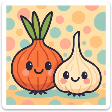 onion and garlic with smiling faces, animated style, background pattern, soft pastel colors sticker