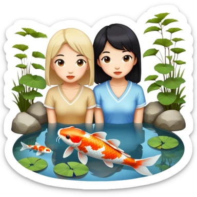two asian girls koi pond sticker