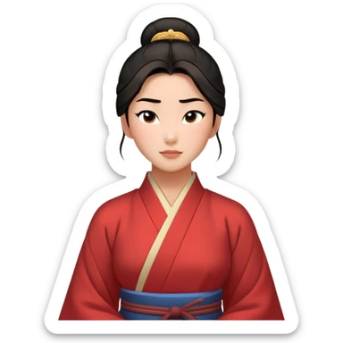 Cinematic Timeless Mulan Portrait Emoji, rendered in a clean vector style. Depict Mulan with warm, light-toned skin, neatly styled dark hair in a traditional bun, and a serene, confident expression, dressed in a simple traditional robe with minimal decoration. The image is highlighted by a soft, inviting glow and a subtle glowing outline, capturing enduring beauty and quiet strength. sticker