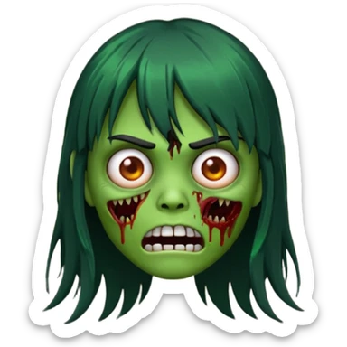 scary zombie emoji, green skin, long black hair with bangs sticker