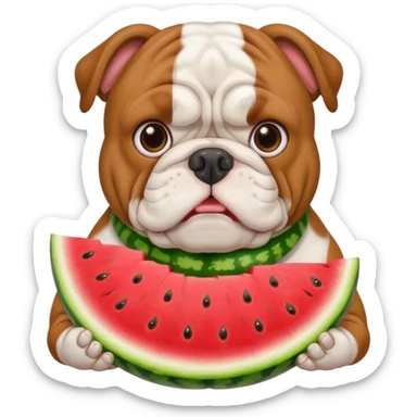 bulldog with brown eyebrows holding a watermelon sticker