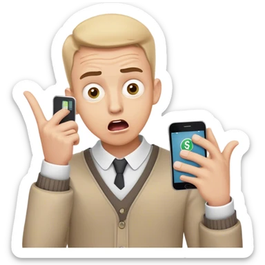 A surprised man holding a smartphone, wide eyes and open mouth, showing a banking app with a negative balance or notification of stolen money, hands in a shocked gesture, light skin tone, modern clothing, simple emoji style sticker