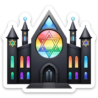 jewish synagogue temple in dark goth aesthetic style with black building and very light tint glass windows that are rainbow if looked at together. and star of david and celestial symbolism sticker