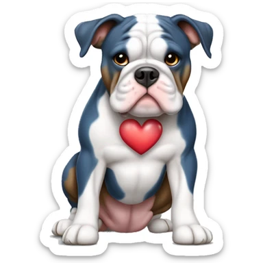 Blue tricolored olde English bulldogge with a heart sticker