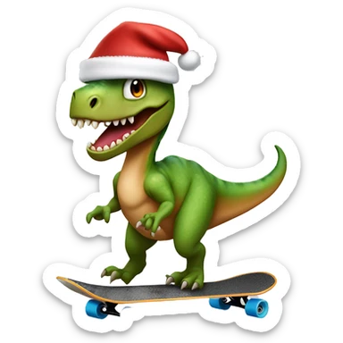 a dinosaur riding a skateboard with a santa hat sticker