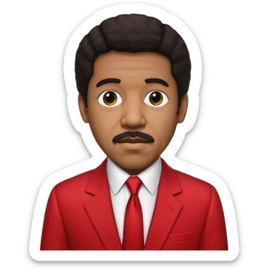 Richard Pryor with dark brown hair, red suit jacket, black suit shirt with red tie sticker