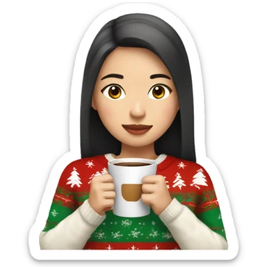asian girl drinking coffee wearing Christmas sweater sticker
