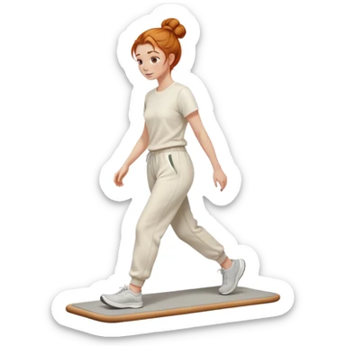 Gorgeous Ginger girl messy bun walking on walking pad cream sweatpants sticker