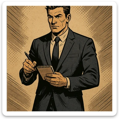 detective character in a modern suit, holding a notepad, confident stance, different artistic style sticker