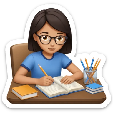 A student with dark hair is reading a book and taking notes in a notebook. There are also papers and textbooks on the table. sticker