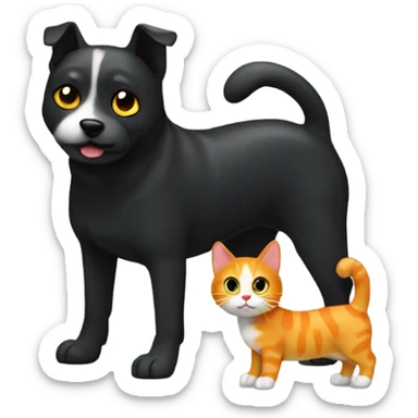 Spanish wanter dog black with white spot on its chat together with orange cat that has yellow eyes sticker
