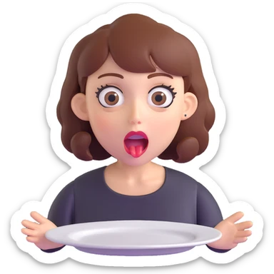 hungry woman with big eyes, open mouth, and empty plate in front of her sticker