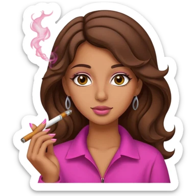 Arab girl tanned but not too tanned, wavy thick hair, brown eyes, smoking a pink joint sticker