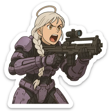 female, wearing reach spartan armor default, long white braid hair, gold yellow eyes, attention pose, halo series, no helmet, the armor is lavender color scheme, shoulder pad off. DDD bust size fitting. Punk gothic cyberpunk, brandishing a dmr, aiming down the sights and yelling sticker