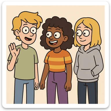 A boy dark yellow hair light green t-shirt white lightfo blue jeans girl brown skin black hair hairstyle curly hair yellow orange stripes top purple trousers girl yellow hair light grey hoodie dark blue jeans a hand hello  sticker