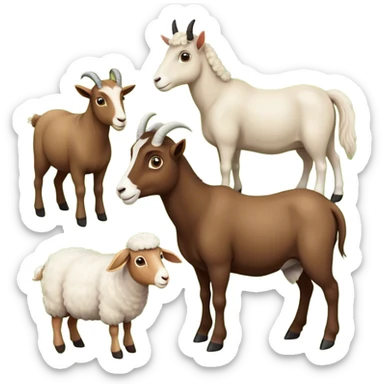 Icon for Domestic Hooved Animals: A gentle collage featuring a brown goat with large, curious eyes, a calm sheep with soft wool, and a majestic horse with a flowing mane. Background with a green pasture and a few hay bales. Transparent background. sticker