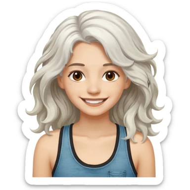 woman with wavy long white hair and brown eyes. smiling in a grunge tanktop sticker