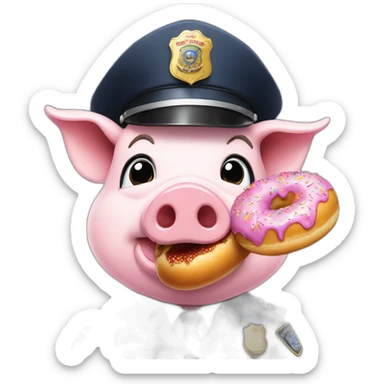 Pig in police hat eating donut with pistol sticker