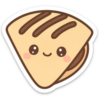 kawaii style french crêpe with a smiling face, folded with chocolate filling, chocolate drizzle on top sticker