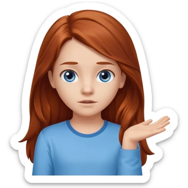 shrugging emoji tween long auburn hair light blue shirt with a darker blue L sticker