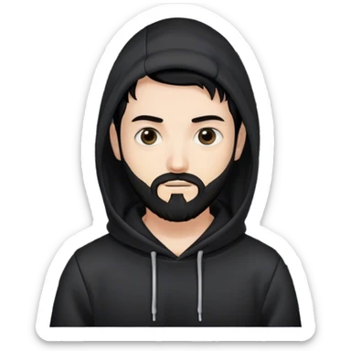 hackeur blanc cheveux noir barbe et capuche noir à côté d'un server sticker