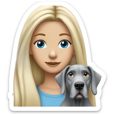 Blonde girl with blue eyes and long hair with a grey great dane dog sticker