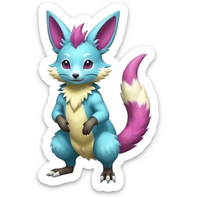 Shiny smooth silky soft Cyan-Yellowish-Magenta Minccino-Zeraora-Emolga-Vernid-Sergal-fusion-hybrid-animal-creature, full body sticker