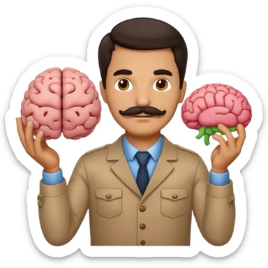 mustachioed man with dark hair holding a brain as an emoji sticker